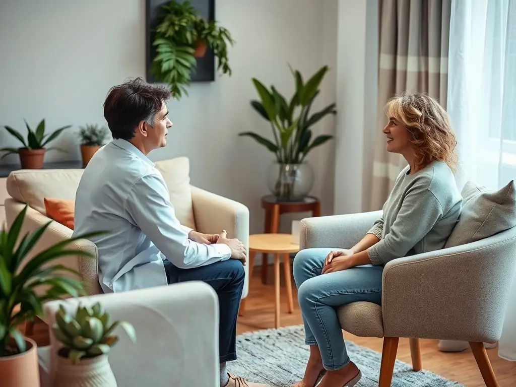 A serene counseling office with soft blue accents, a comfortable seating area, and a therapist attentively listening to an individual client, conveying a sense of trust and support in a professional setting.