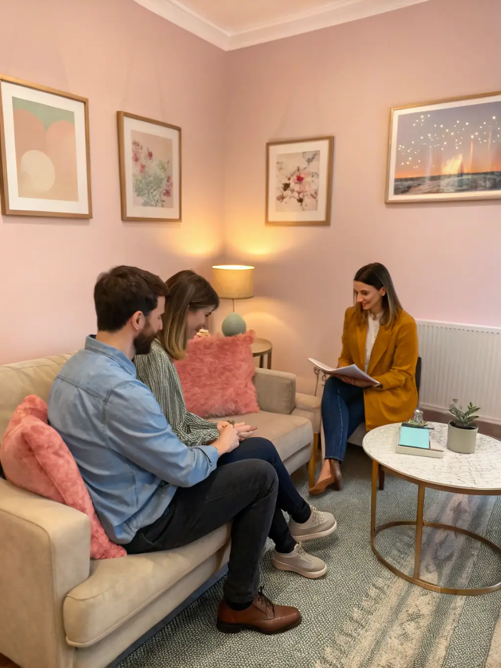 A couple sitting together with a therapist, engaged in open conversation in a welcoming, comfortable counseling room with soft blue accents.