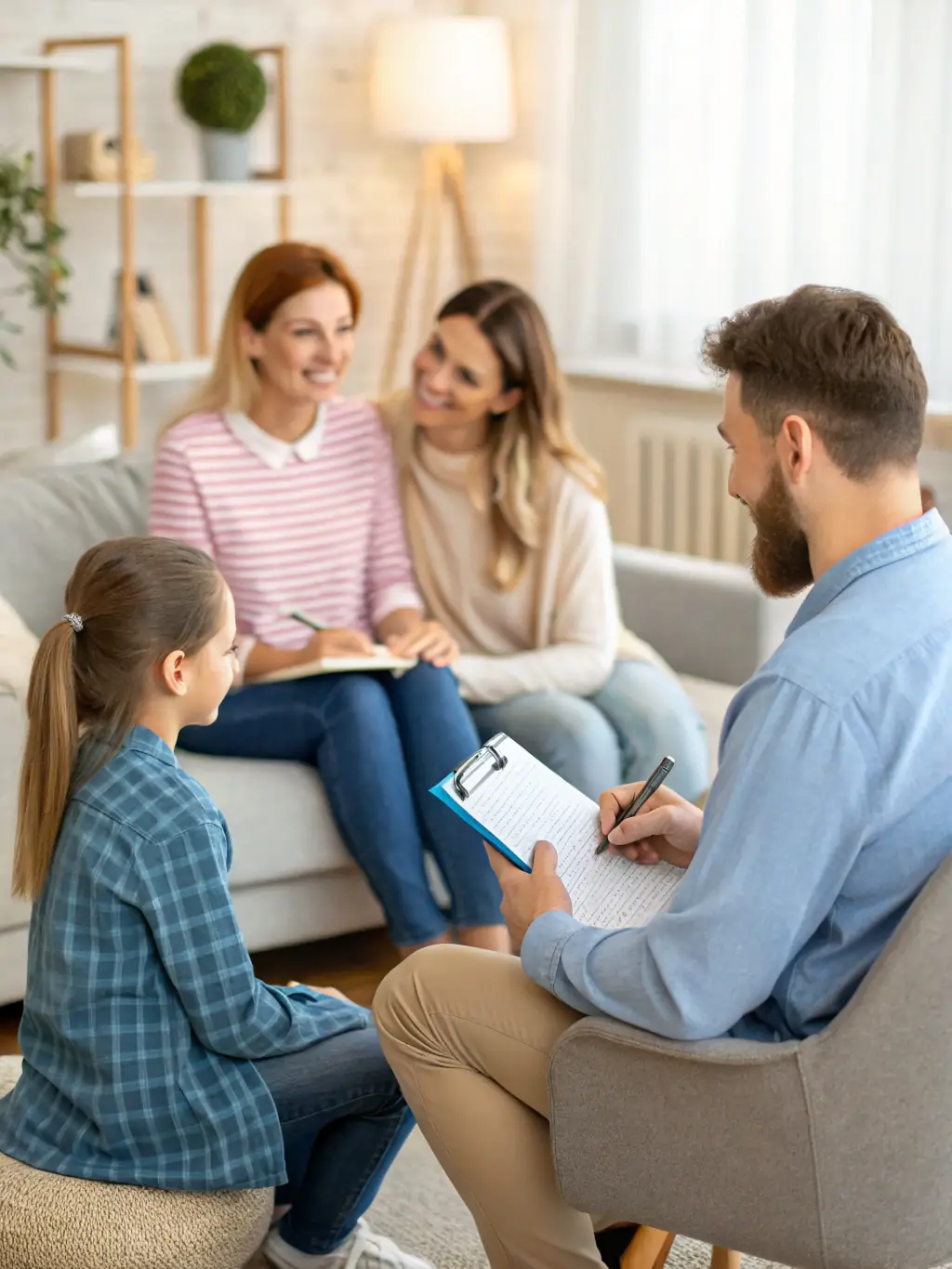 A family of four gathered around a table, sharing and listening with a therapist guiding the discussion in a bright, family-friendly office.