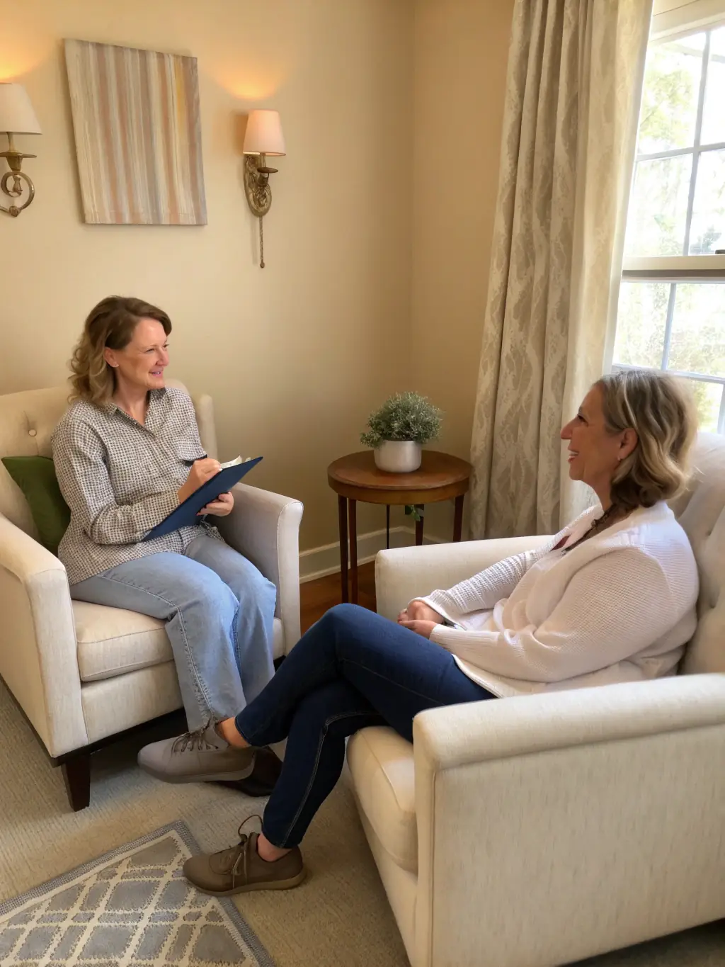 A therapist and client in a confidential session, emphasizing support and safety, with calming decor and a sense of privacy.