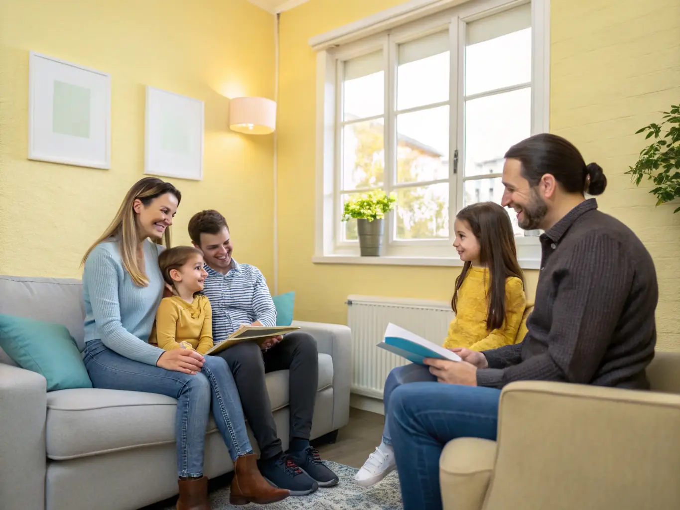 A family of four gathered in a comfortable therapy office, smiling and interacting with a therapist, representing unity, support, and positive family dynamics.
