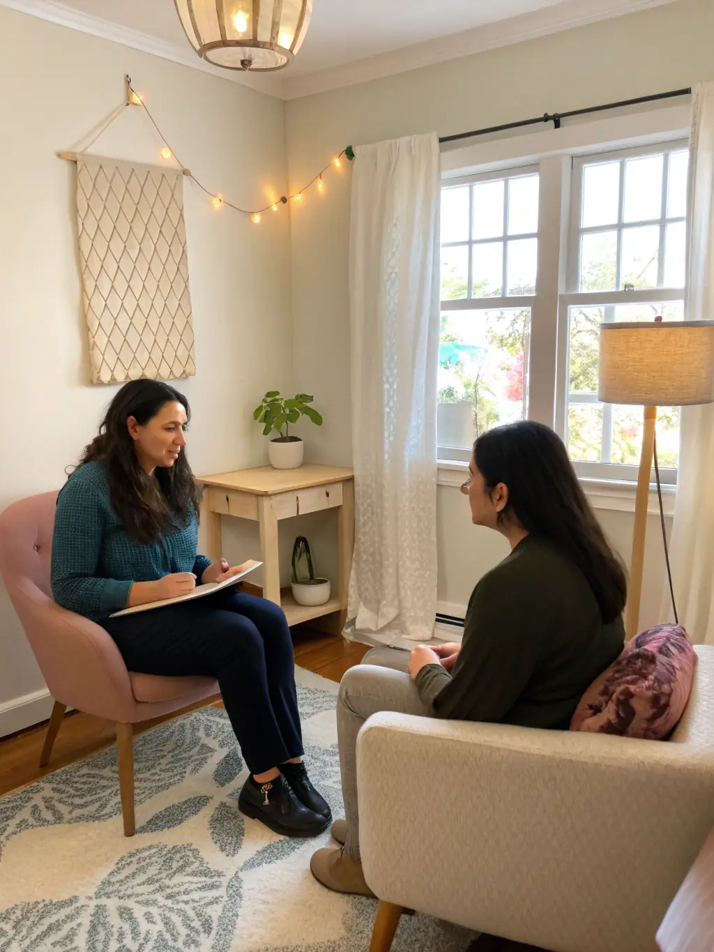 A calm therapist listening attentively to an individual client in a softly lit, private office with blue and white decor, conveying trust and confidentiality.